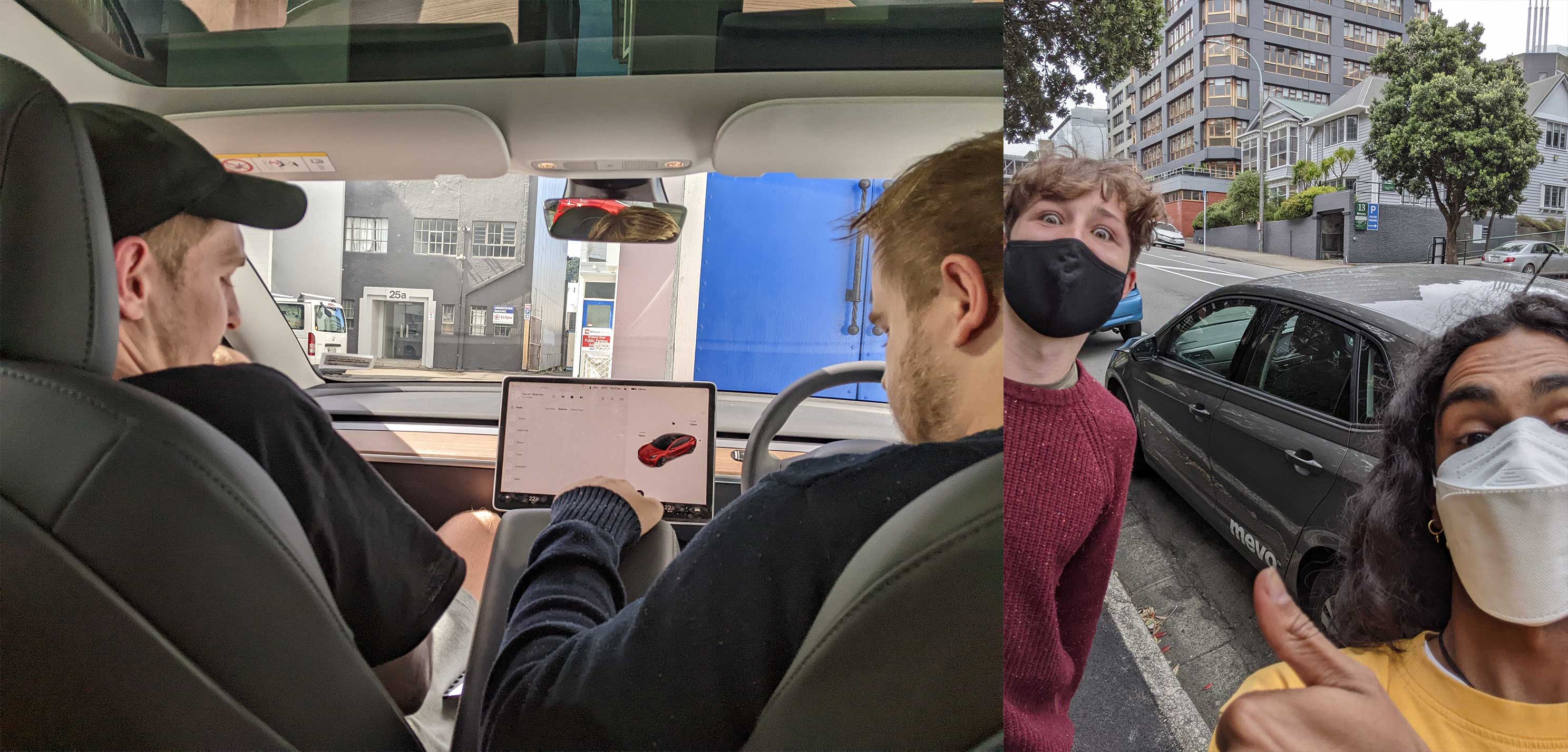 An image of 2 Mevo members in a car next to another image of Kusal and John posing outside of a mevo car